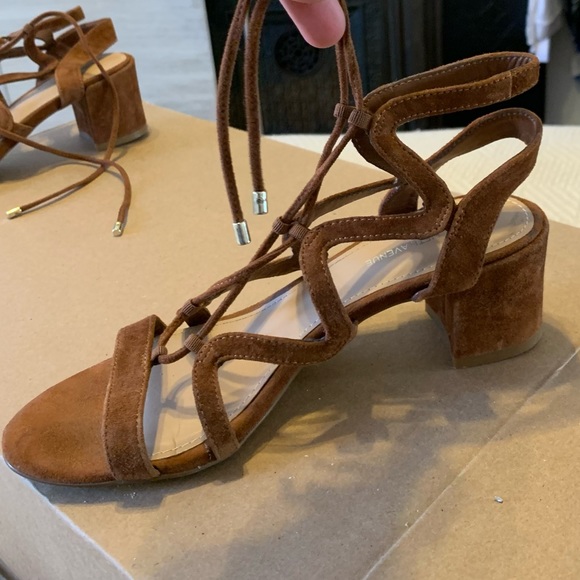 Saks Fifth Avenue Cognac Camel Brown Suede Lace Up Block Heel Sandals - 6.5 - Picture 14 of 16